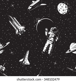 Space seamless pattern. Black and white version. 