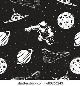 Space Seamless Pattern. Black And White Version.