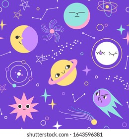 Space seamless pattern with cartoon cute planets, stars and comets. Cosmos doodle illustration. Galaxy wallpaper for kids. Hand drawn space elements.