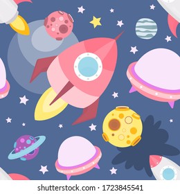 Space Seamless pattern - Cartoon Planets and Rockets. Space background. Vector Illustration. Print for Wallpaper, Baby Clothes, Greeting Card, Wrapping Paper.
