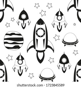 Space Seamless pattern - Cartoon Rockets and UFO. Black and White Space background. Monochrome Vector Illustration. BW Print for Wallpaper, Baby Clothes, Greeting Card, Wrapping Paper.