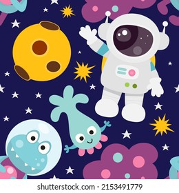 Space Seamless Pattern with space characters – Funny Aliens, Astronaut, Moon on cosmic background. Vector Illustration. Great for baby clothes, nursery decor, wrapping paper.