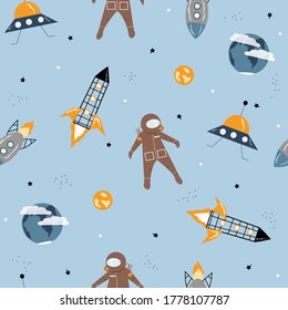 Space seamless pattern. Childish funny print. Vector hand drawn illustration.