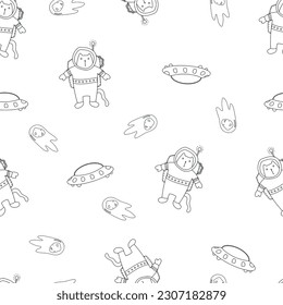 Space Seamless Pattern in childish hand drawn style. vector seamless pattern with rocket, planets, shooting star,comets