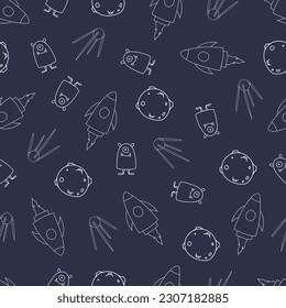 Space Seamless Pattern in childish hand-drawn style. vector seamless pattern with rocket, planets, shooting star,comets, etc.