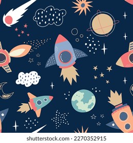 Space Seamless Pattern in childish hand-srawn style. vector seamless pattern with rocket, planets, shooting star,comets, etc.