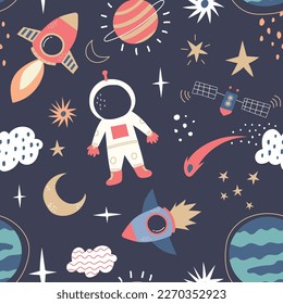 Space Seamless Pattern in childish hand-srawn style. vector seamless pattern with rocket, planets, shooting star,comets, etc.