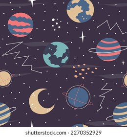 Space Seamless Pattern in childish hand-srawn style. vector seamless pattern with rocket, planets, shooting star,comets, etc.