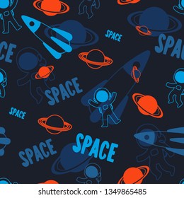 space seamless pattern for children with rockets and the planets and astronauts