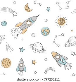 Space seamless pattern for children wear. White backgroynd with cosmic elements. Vector illustration. 