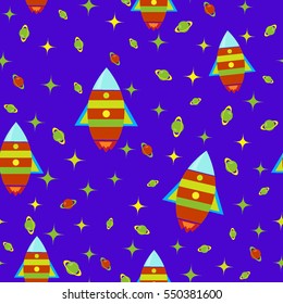 Space seamless pattern with children's rockets, planets, stars on a violet background vector illustration