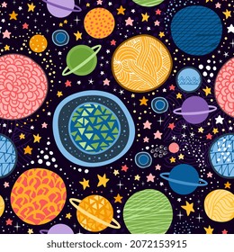 Space seamless pattern with colorful planets and stars on black background. Cosmos. Vector illustration.