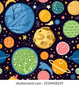 Space seamless pattern with colorful planets and stars