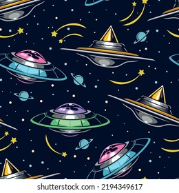 Space seamless pattern colorful vintage UFO in dark space among stars planets universe and milky way with spaceship vector illustration