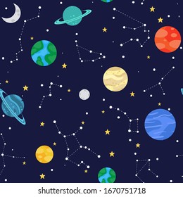 Space seamless pattern with colourful planets and constellations vector illustration. Sky full of yellow stars and zodiac signs cartoon design endless texture. Astronomy concept