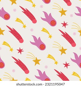 Space seamless pattern with comets and stars on white background. Perfect for wallpaper, gift paper, greeting cards. Vector illustration