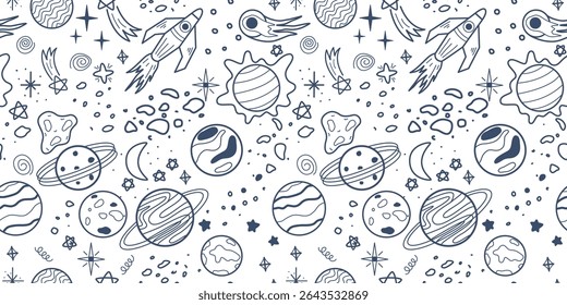 Space seamless pattern with comets, stars, meteors and rocket. Hand drawn ink background child world cosmos. Galaxy print for textile, packaging, design, vector graphic