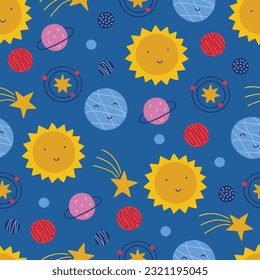 Space seamless pattern with comets, sun, planet, stars on blue background. Perfect for wallpaper, gift paper, greeting cards. Vector illustration