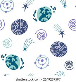 Space seamless pattern. Cosmic. Background with cartoon planets and stars. Perfect for children's designs, wallpaper, textile and print. Vector Hand draw illustration 