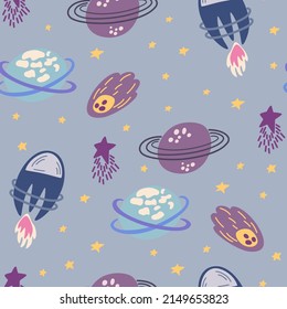 Space seamless pattern. Cosmic. Background with cartoon planets and stars. Perfect for children's designs, wallpaper, textile and print. Vector Hand draw illustration 