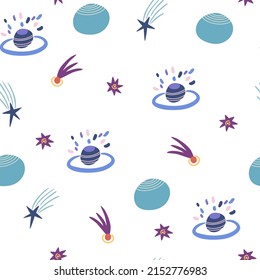 Space seamless pattern. Cosmic. Background with cartoon planets and stars. Perfect for children's designs, wallpaper, textile and print. Vector Hand draw illustration 