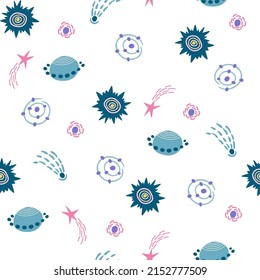 Space seamless pattern. Cosmic. Background with cartoon planets and stars. Perfect for children's designs, wallpaper, textile and print. Vector Hand draw illustration 