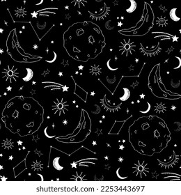 Nahtloses Muster im Weltraum. Kosmischer, mystischer Hintergrund mit Planeten, Sternen, Mond und Sonne