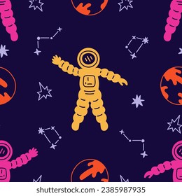 Space seamless pattern with cosmonaut and stars. Colorful childish repeat vector illustration with astronaut and constellation in the night sky. Astronomy theme. Childish fantastic design.