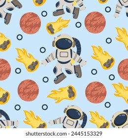 Space seamless pattern with cute astronaut, planet and comet design for kids. Space background for greetings, invitations, wrapping paper production, textiles and web design.