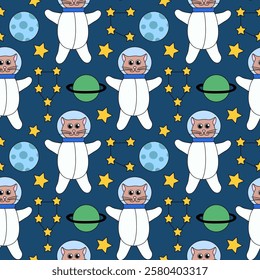 Space Seamless Pattern with Cute cat astronaut, Planets and Stars, Constellation. Vector Background for Kids Design. Flat Illustration.