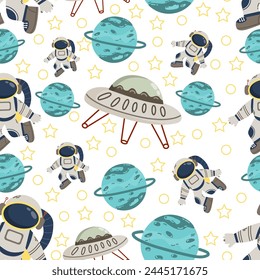 Space seamless pattern with cute design of uranium, astronaut and flying ship. Space background for greetings, invitations, wrapping paper production, textiles and web design.