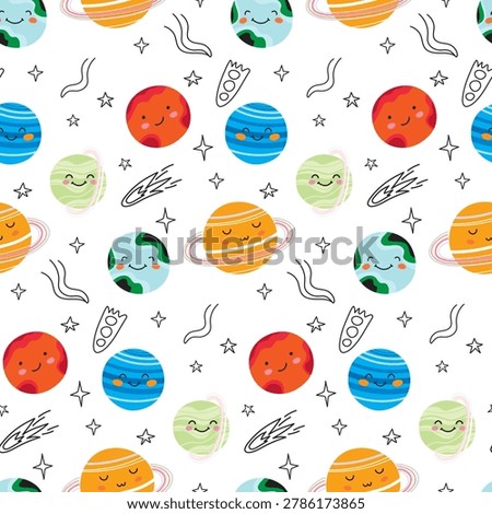 Space seamless pattern. Cute planet background for kids nursery wallpaper, baby boy fabric print, cartoon galaxy gift wrap