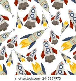 Space seamless pattern with cute rocket design. Space background for greetings, invitations, wrapping paper production, textiles and web design.