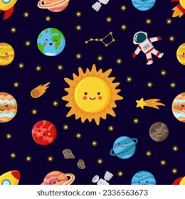 Space seamless pattern with cute smiling Sun and planets.
