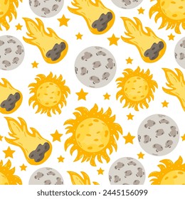 Space seamless pattern with cute sun, moon and comet design. Space background for greetings, invitations, wrapping paper production, textiles and web design.