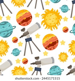 Space seamless pattern with cute telescope, uranium and sun design. Space background for greetings, invitations, wrapping paper production, textiles and web design.