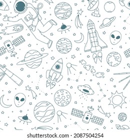 space seamless pattern decorated with hand drawn doodles on white background. Good for posters, prints, cards, signs, wrapping paper, textile, scrapbooing, wallpaper, etc. EPS 10