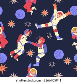 Space seamless pattern design with stars, astronaut, rockets for children. Seamless repeatable pattern with kids cosmonauts for baby clothes, stationery and wallpaper, vector illustration.