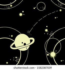 Space Seamless Pattern with doodle outline Planets, Comets, Stars. Black and White Vector EPS 10.
