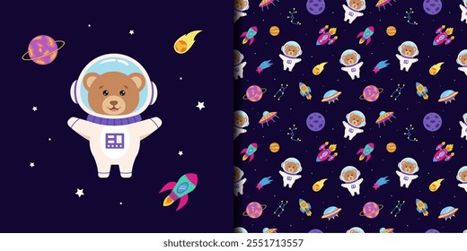 Space seamless pattern with space elements and animal astronaut bear.