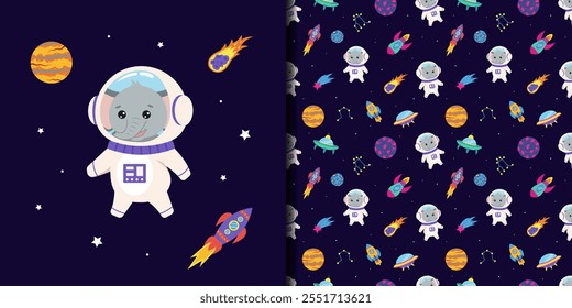 Espaço padrão sem emenda com elementos espaciais e elefante astronauta animal.