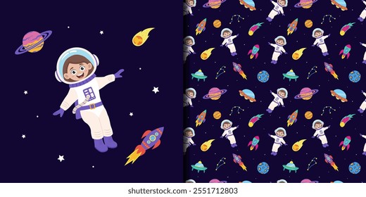 Space seamless pattern with space elements and children astronauts.