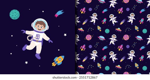 Space seamless pattern with space elements and children astronauts.