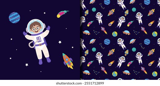 Space seamless pattern with space elements and children astronauts.