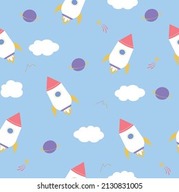 Space seamless pattern. Elements of the kids background space. Cartoon rocket, planets and stars. Vector illustration in doodle style.