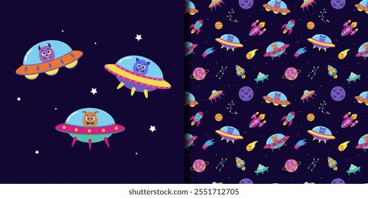 Space seamless pattern with space elements and monsters astronauts.