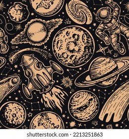 Space seamless pattern. Fantasy background with planets and stars. Futuristic creative design vector illustration