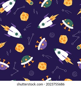 Space seamless pattern in flat cartoon style. Starry sky background with cosmic elements.