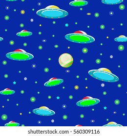 Space seamless pattern with flying saucers, stars, planets on a blue background vector illustration