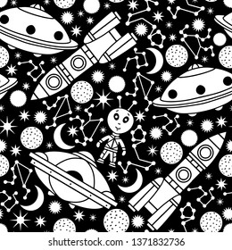 Space seamless, pattern. Galaxy background. Spaceship, rocket, ufo, alien, star, planet, sun, moon, constellation